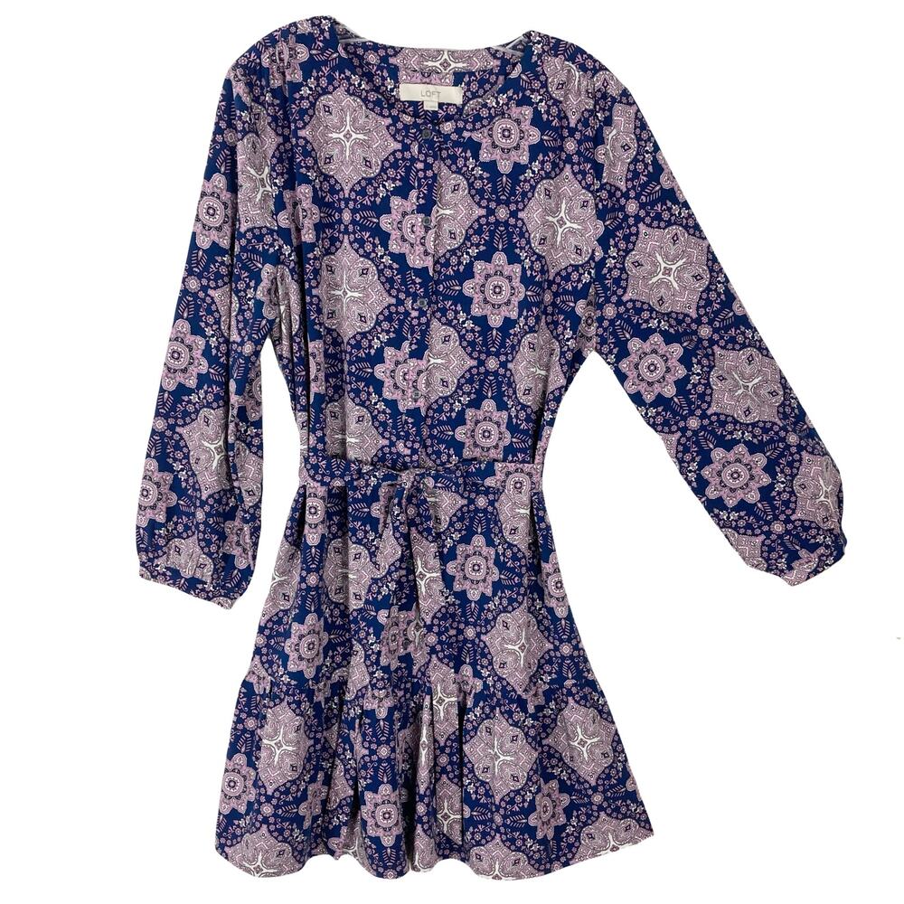 NWOT LOFT Dress L Purple Tile Mosaic Print Button Up Belted Long-Balloon-Sleeve